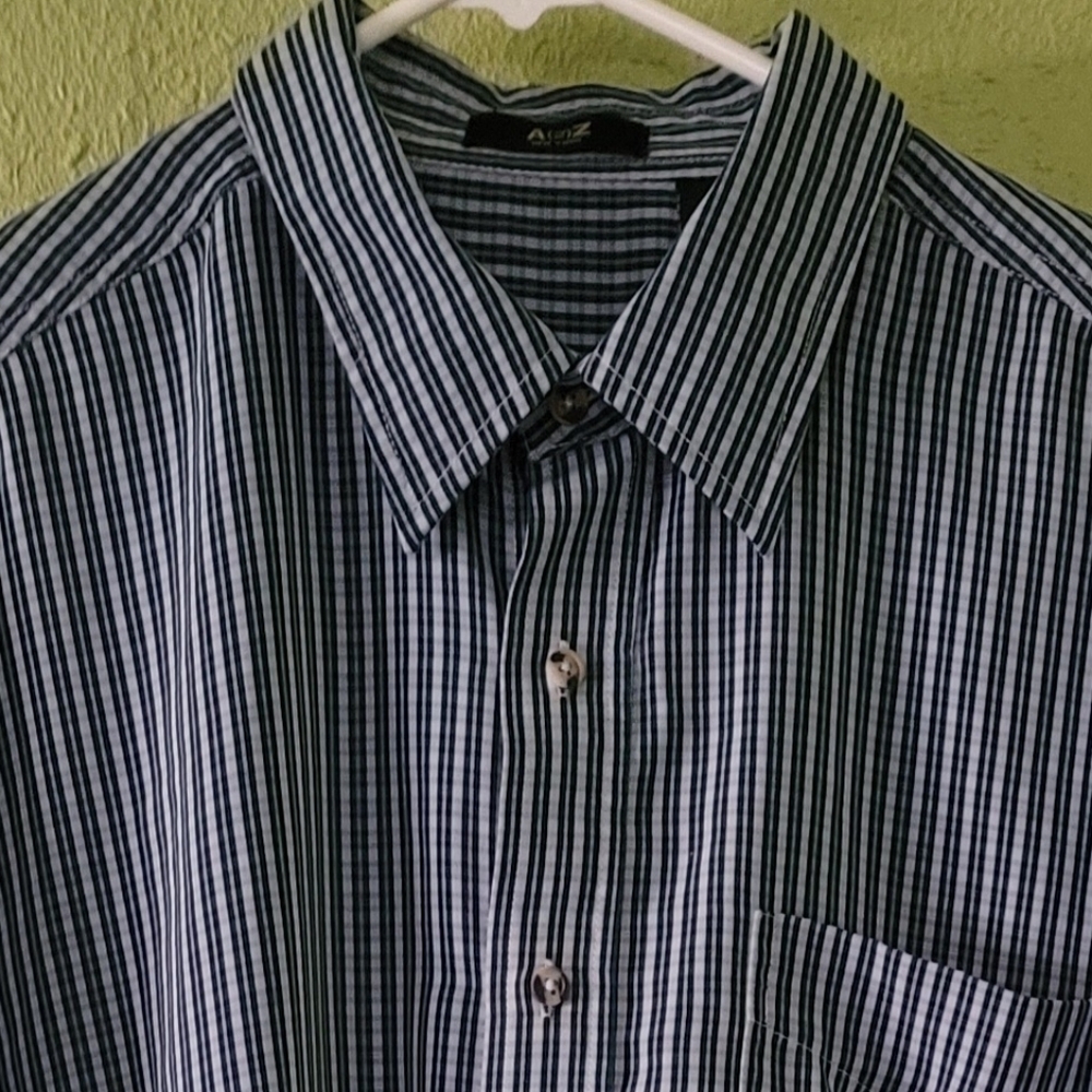 Vntg A (2) Z New York Mens Classic Drk Blue & White Striped Button-Down Shirt XL